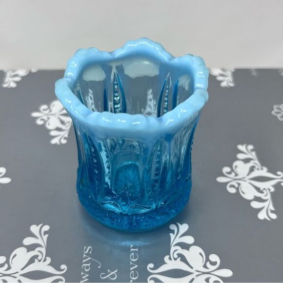 Jefferson Blue Glass Opalescent Iris with Meander Toothpick Holder - Picture 2 of 8